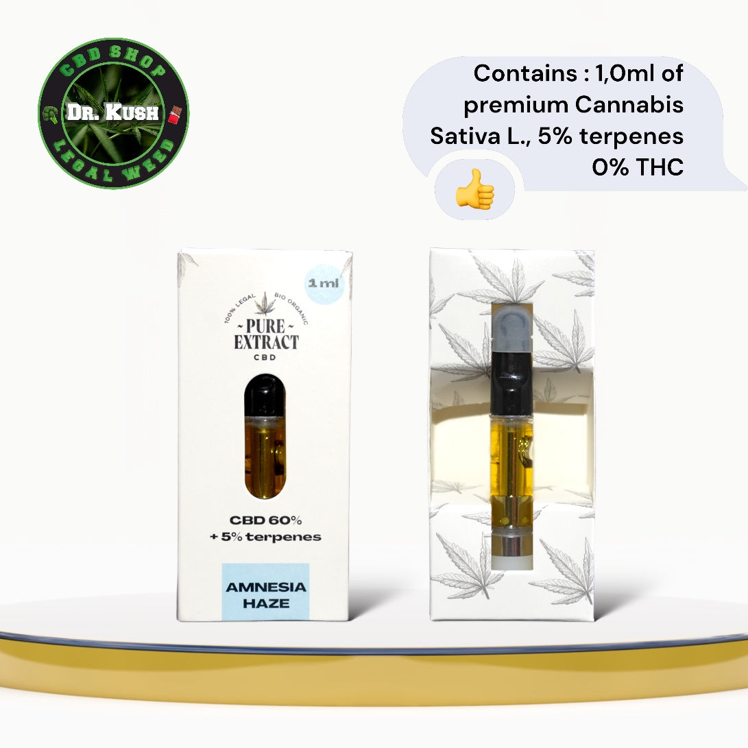 Pure Extract CBD Cartouche (Dab Pen) de CBD - Amnesia Haze - 60% CBD + 5% de Terpènes- 1ML - 600 bouffées