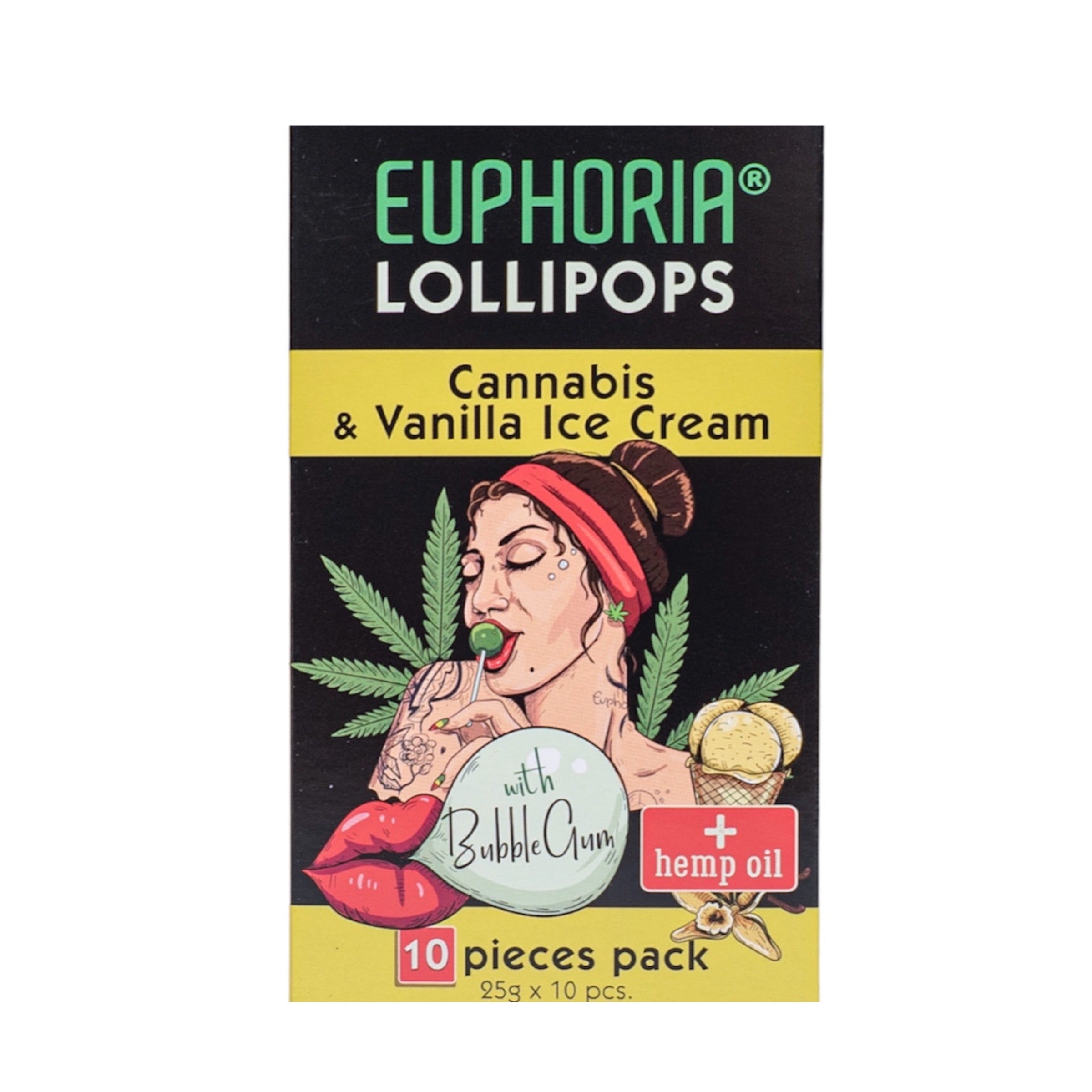 Euphoria - Cannabis Lollipops - Cannabis &amp; vanilla ice cream - 10x Hemp lollipops + Bubble Gum - 250gr