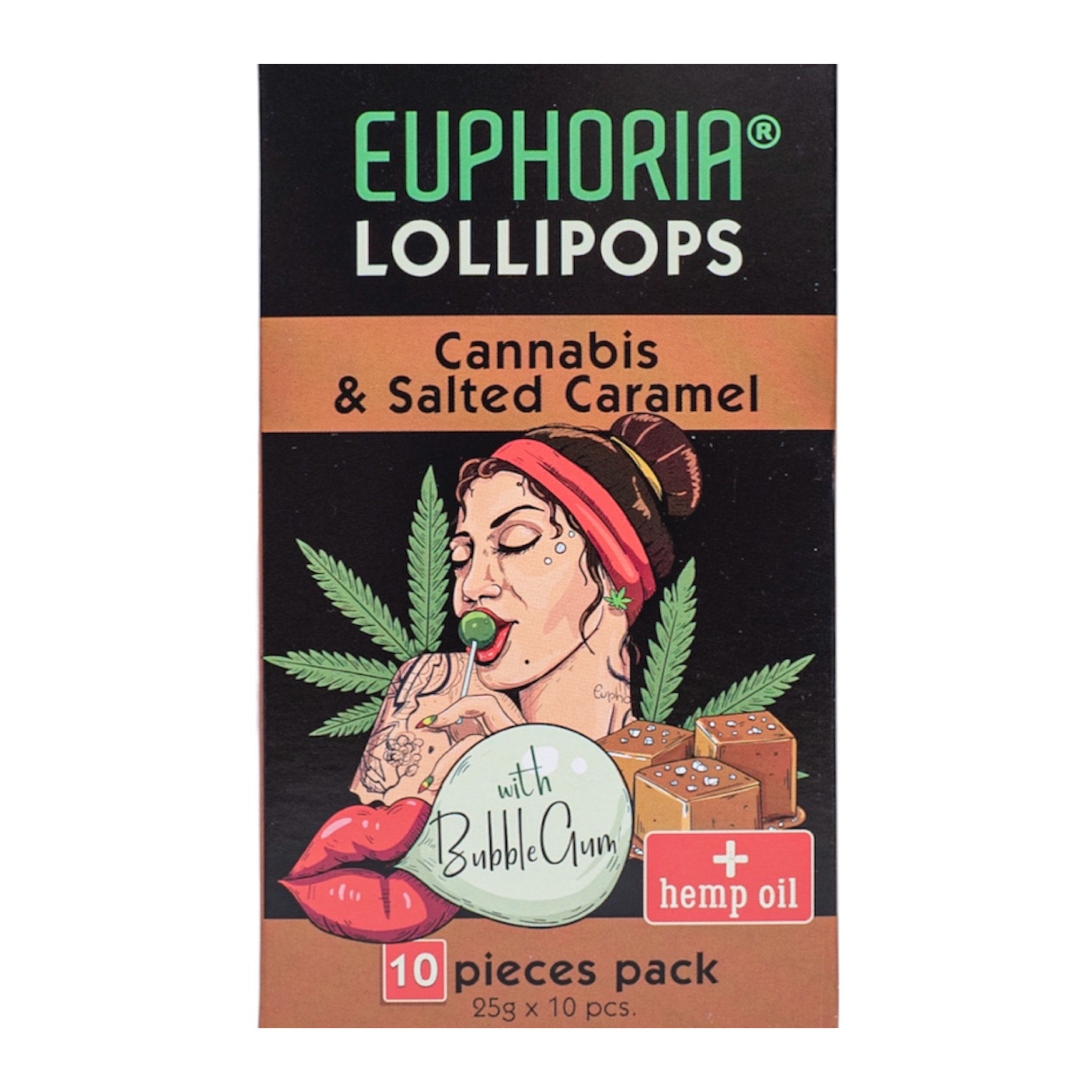 Euphoria - Cannabis Lollipops - Cannabis &amp; salted caramel - 10x Hemp lollipops + Bubble Gum - 250gr