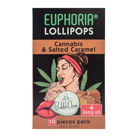 Euphoria - Cannabis Lollipops - Cannabis & salted caramel  - 10x Sucettes de chanvre + Bubble Gum - 250gr