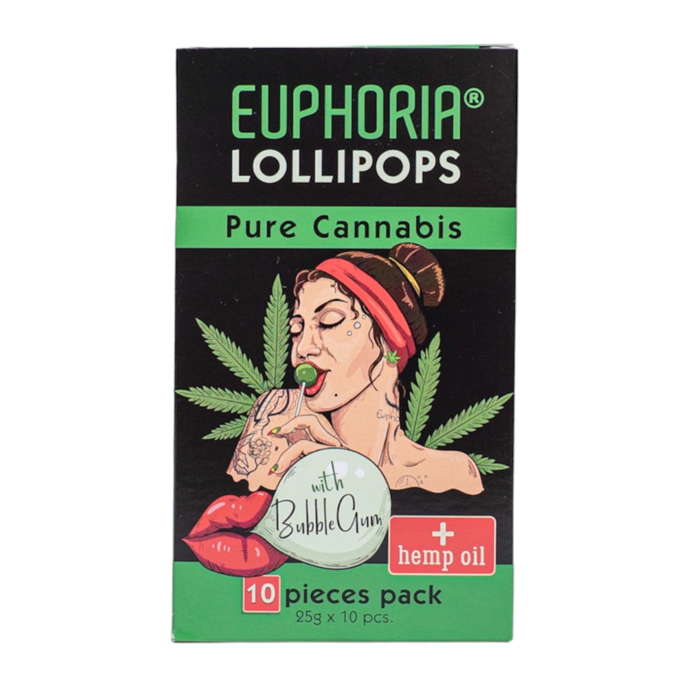 Euphoria - Cannabis Lollipops - Pure Cannabis - 10x Hemp Lollipops + Bubble Gum - 250gr